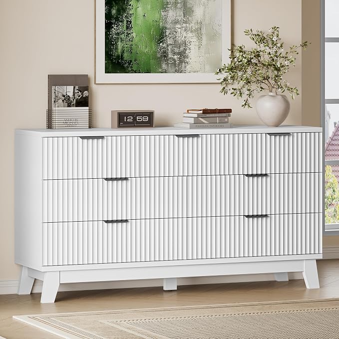 BORNOON 57" Long Dresser for Bedroom, 7-Drawer Fluted Chest, Wide Wood Storage Dresser with Metal Slides and Handles, Stable Base, Modern Clothes Organizer for Primary Suite, Guest Room, Nursery