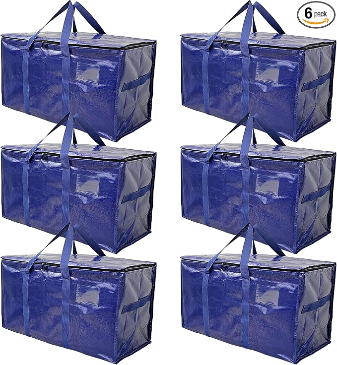Extra Heavy Duty Moving Bags - 23 Gallon Extra Large Storage Bags 65 lbs Capacity, Waterproof Foldable Packing Bags for College Students, Camping & Closet Organization (6PCS Flip zipper)