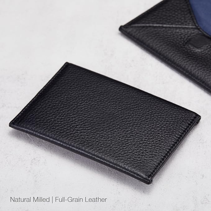 HISCOW Italian Pebbled Leather Business Card Holder, Minimalist Full Grain Envelope Card Case with Hidden Magnetic Closure, 0.19 Inch Slim Front Pocket Wallet for Men and Women, Nero Black