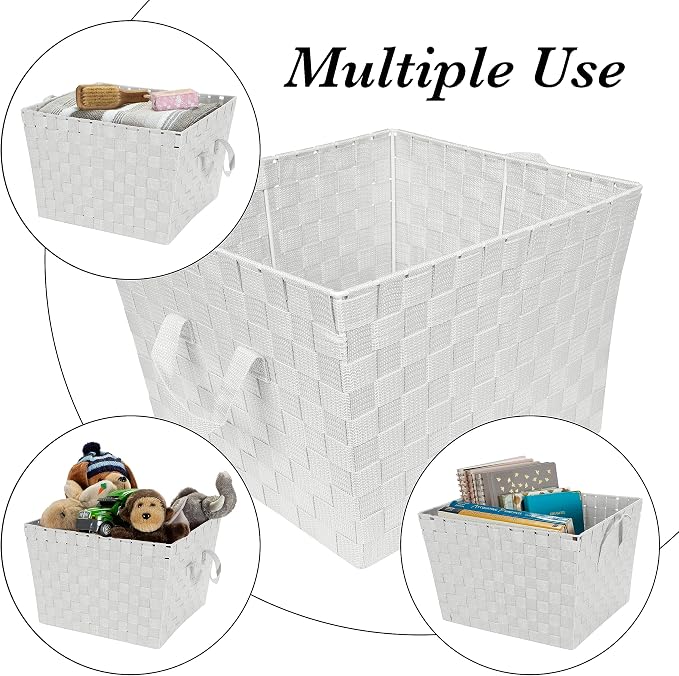 Simplify Large Woven Strap Tote | Decorative Storage Basket | 2 Handles | Organization | Closet | Bedroom | Bathroom | Nursery | Accessories | Toys | Gifts | 4 Pack | White