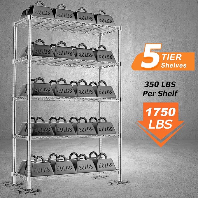 ROOMTEC 5-Tier Wire Shelving Unit,36" W*14" D*72" H, Max Load 1750LBS | Adjustable Storage Shelves, Small Garage Shelving, Metal Shelf Rack for Kitchen, Laundry, Pantry, Warehouse, Basement