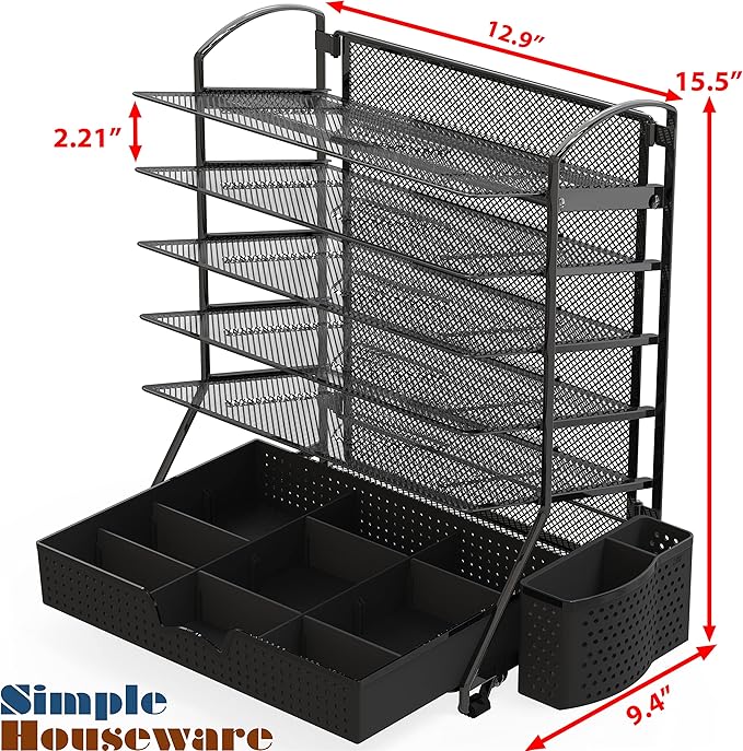 Simple Houseware 6-Tier Desk File Organizer w/Drawer & Pen Holder, Black | 5 Tilted Letter Trays for A4 Paper, Mail and Documents