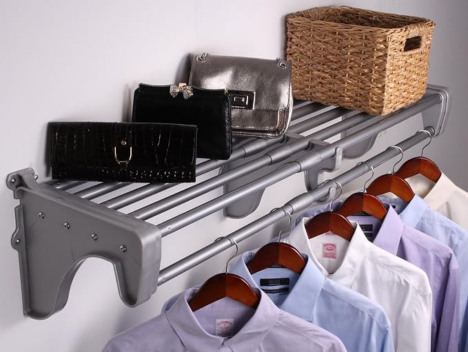 EZ SHELF - Closet Shelf with Hanging Rod – 42.5 to 75" Expandable, Silver, Closet Shelves – Strong, Holds 200 lbs – Easy Install – Backwall (floating) with 2 End Brackets, Alternative to Wire Shelving