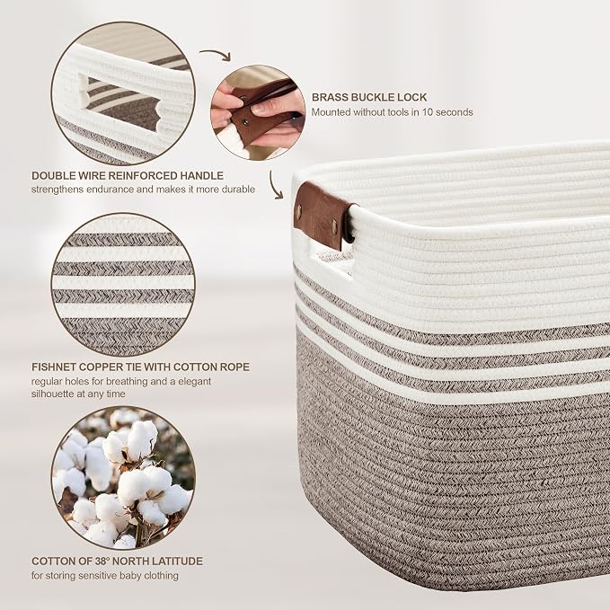 60L Woven Laundry Basket Hamper with Leather Handles,Dark Brown | 21"x15"x11", collapsible wicker hamper, storage for dirty clothes, toys, blankets, gifts, living room, bedroom, bathroom