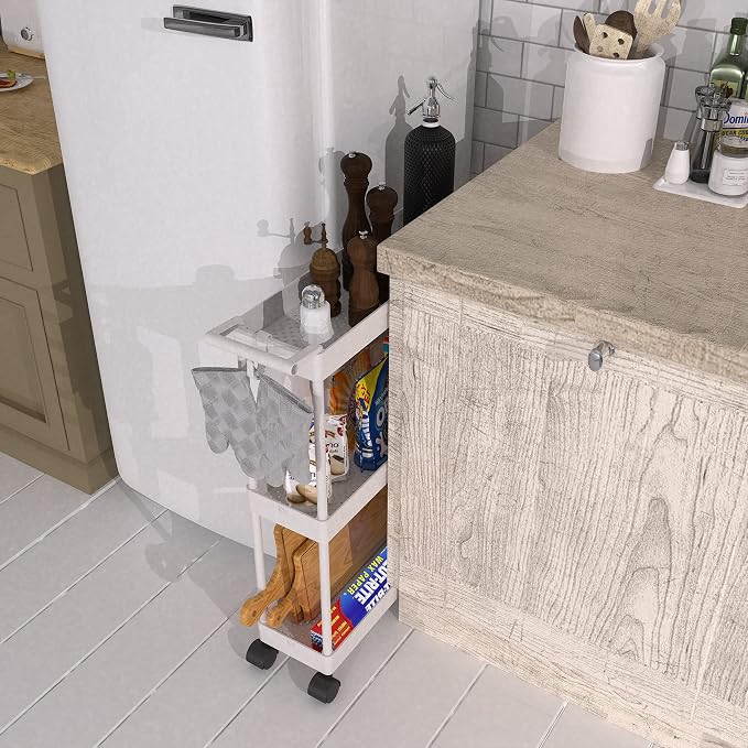 Simple Houseware 3-Tier Slim Rolling Cart w/Handle 5.5" Wx27.5 H, White | Storage Cart for Narrow Space (5.5-Inch Wide) Kitchen, Bathroom, Laundry Room