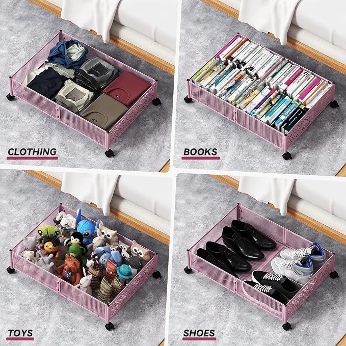 PHINOX Under the Bed Storage Containers with Wheels, Under Bed Storage, Under Bed Shoe Storage Organizer Drawer, Tool-free Assembly Metal Underbed Storage Containers -Pink