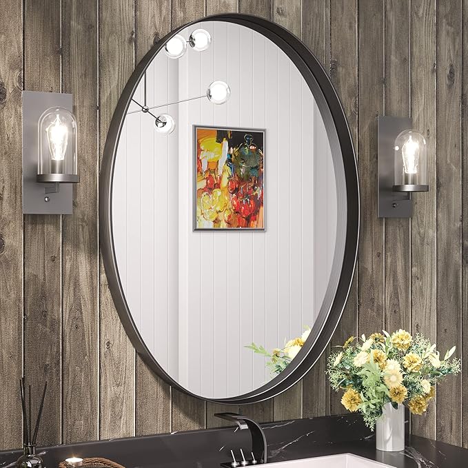 TETOTE Black Oval Bathroom Mirror, 24 x 36 Matte Black Framed Wall Mounted Mirror for Vanity, Modern Decorative Shatterproof Oval Wall Mirrors for Entryway, Living Room, Bedroom