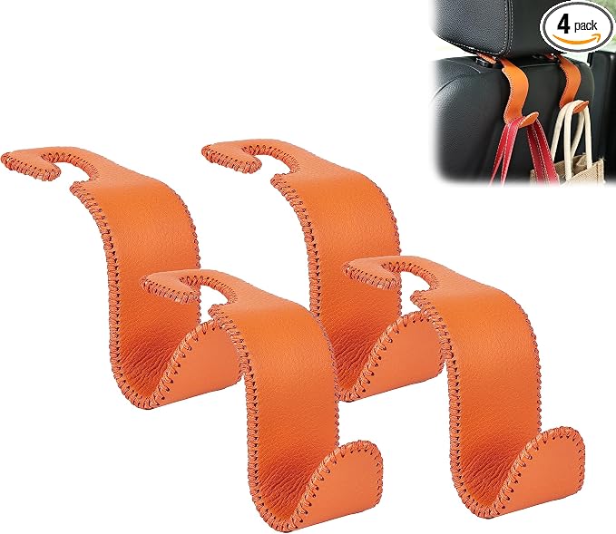 Amooca Car Seat Headrest Hook Universal Vehicle Storage Hanger Leather with Metal Car Seat Back Organizer for Handbag Purse Coat Orange 4 Pack