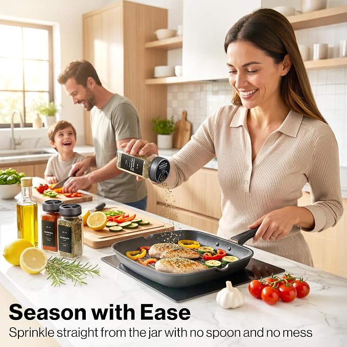EDELHAUS Glass Spice Jars with Label, Space Gray Sprinkle Lids (24 x 4oz) | Airtight Lids keep spices fresh, Kitchen Spice Drawer Organizer, 4oz Seasoning Containers incl. Funnel, Brush & 240 Labels
