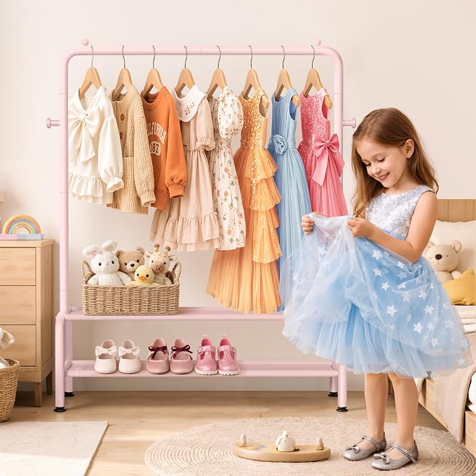 mirolam Kids Clothing Rack - Dress Up Storage - Dress Up Rack for Little Girls - Small Kids Costume Wardrobe with 2 Fabric Shelves - Princess Room Bedroom Decor