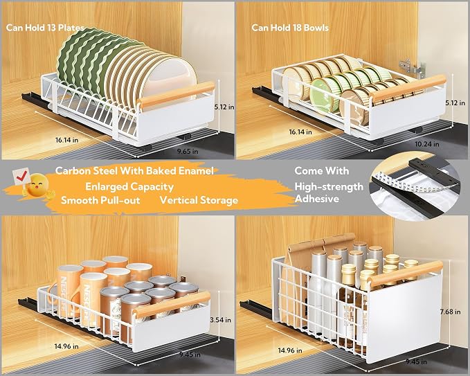 Pull-Out Dish Rack for Cupboard, Slide Out Dish Drying Rack for Kitchen Cabinets, Pull Out Drawer for Kitchen Under Sink Organizer (Bowl Rack Extra-Large)