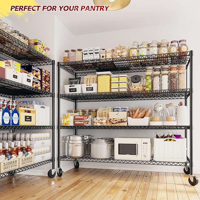 REIBII 75.62" H Storage Shelves 2480LBS Garage Shelving with Wheels Heavy Duty Metal Shelving for Storage Adjustable Pantry Shelf for Kitchen Garage Commercial, 75.62" H X 24.02" D X 55.52" W, 2PCS