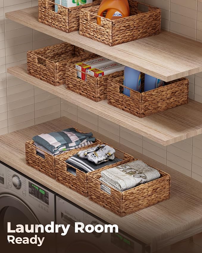 BLUEWEST Wicker Storage Baskets Pack 6, Woven Baskets for Storage, Laundry Water Hyacinth Basket for Organizing with Carrying Handles, Rattan Baskets (Brown, Rectangular)