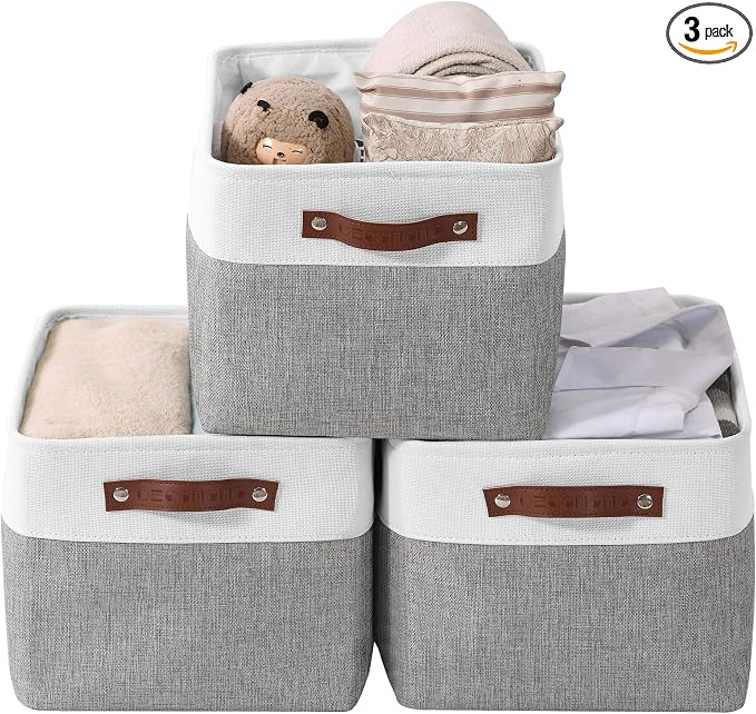 DECOMOMO Storage Bins, Large Fabric Storage Baskets for Shelves, Decorative Linen Closet Organizer, 15 x 11 x 9.5 inches (Grey & White, 3 Pack)