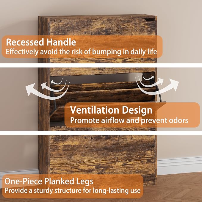 Shoe Storage Cabinet, Wood Shoe Organizer for Entryway with 3 Flip Drawers, Freestanding Shoe Rack with Adjustable Shelf, Narrow Shoe Dresser for Front Door Entrance (Brown, 3 Drawers)