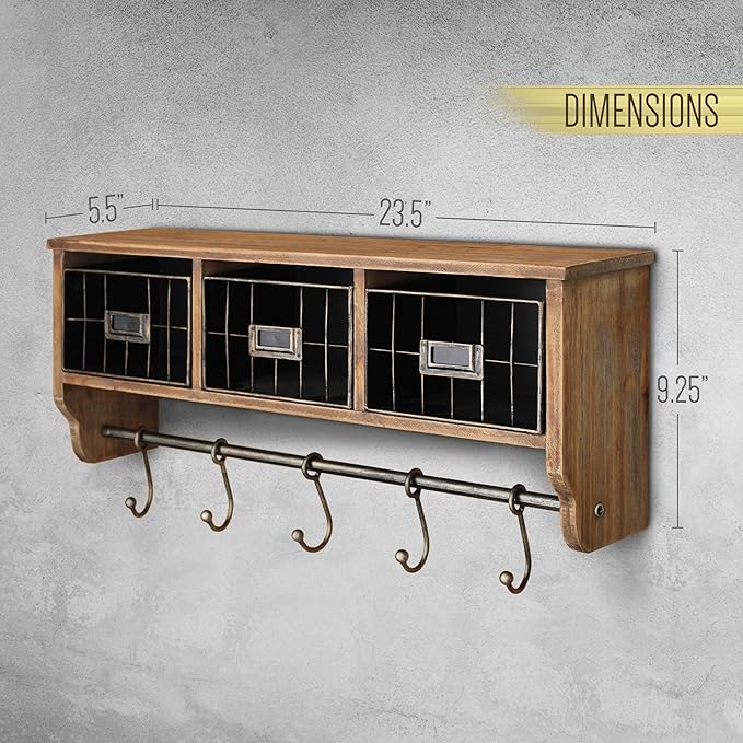 BizChair Wall Mounted Storage Rack - Rustic Brown Solid Pine Wood - 24 Inch - Upper Shelf - 5 Hooks - Wire Baskets - For Entryway, Kitchen, Bathroom
