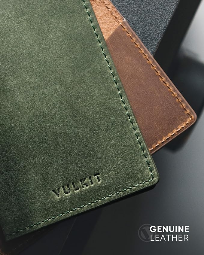 VULKIT Genuine Leather Business Card Holder 2 Sided Slim Business Name Card Organizer for Men or Women, up to Hold 20 cards (Genuine Green)