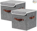 2PCS Storage Cubes with Lid Fabric Storage Bins Boxes PU Leather Handles Cotton Linen Closet Organizer Container Decorative Foldable Washable Shelf Cloth Basket (Flip-top Lid, Gray, 11in)