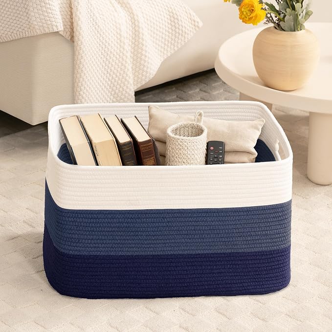 86L Large Woven Laundry Basket Hamper with Handles, Gradient Blue | 24"x16"x14", collapsible wicker hamper, storage for dirty clothes, toys, blankets, gifts, living room, bedroom, bathroom