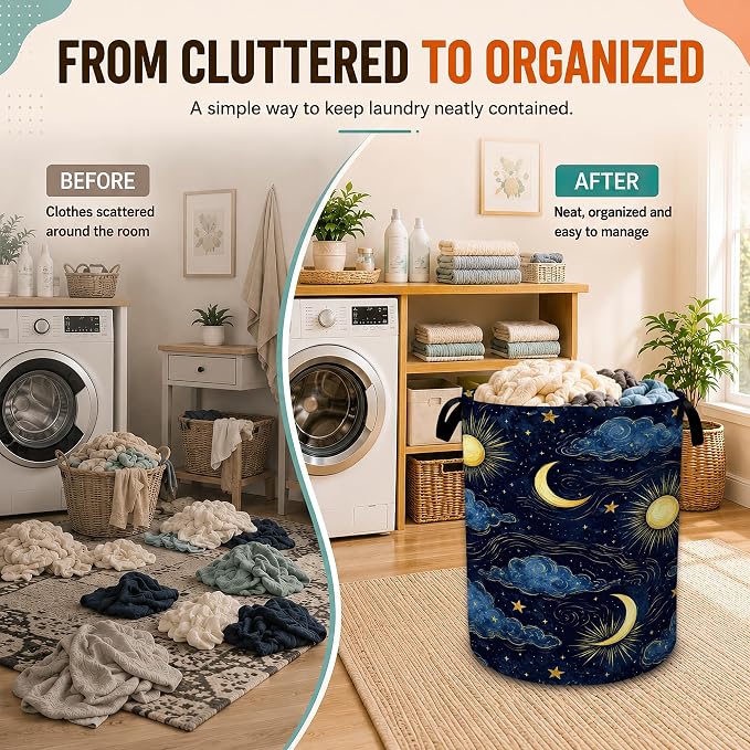 Sun Moon Laundry Basket,Stars Clouds Foldable Oxford Laundry Hamper with Handles,Collapsible Clothes Storage Bucket Tote Bag for Laundry Room,Bathroom,Bedroom,Dorm