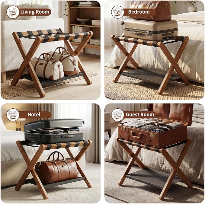Heybly Luggage Rack for Guest Room, Folding Luggage Stand & Suitcase Holder, Suitcase Stand, Heavy Duty Wooden Luggage Rack with Double Shelf for Hotel & Bedroom, 5 Heavy Duty Straps, Walnut HLR012WB1