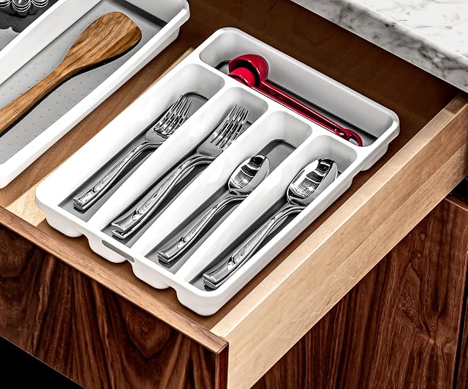 madesmart Small Silverware Tray, Compact 5 Compartment Flatware Organizer for Forks, Knives & Spoons, Non Slip, Soft Grip Lining, Fits Small Drawers, White, Classic Mini (Pack of 6)