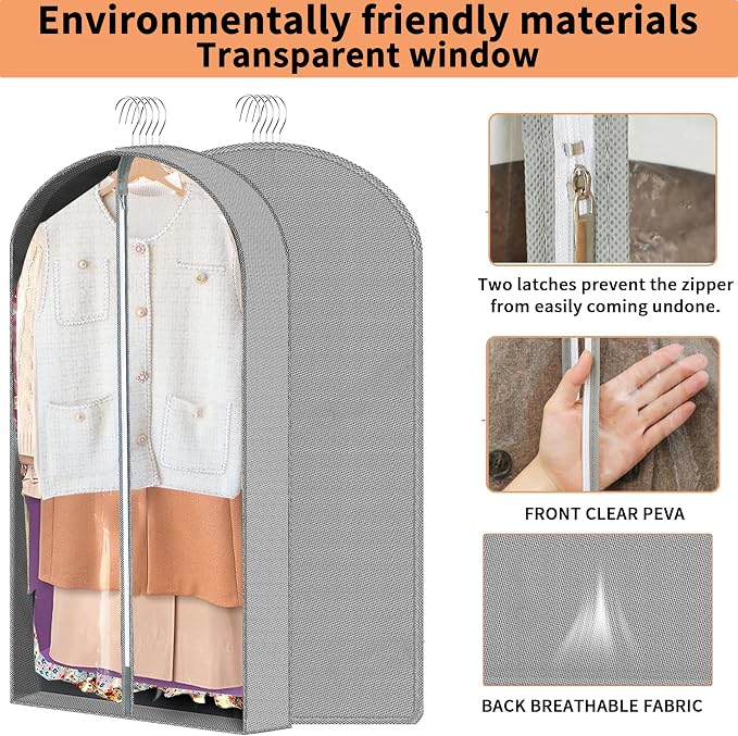 3 Pcs Garment Bags,40"&50"PEVA Moth-Proof Breathable Dust Cover,Garment Bag | Clothing Bags,for Hanging Clothes with Bedroom,Garment Covers for Suits, Padded Clothes,Shirts,Prevent,Dustproof, Keep Dry