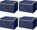ANMINY 4PCS Storage Bin with Lid Storage Boxes with PU Leather Handles PP Plastic Board Decorative Foldable Lidded Cotton Linen Fabric Home Cubes Baskets Closet Organizer Container - Blue, Medium