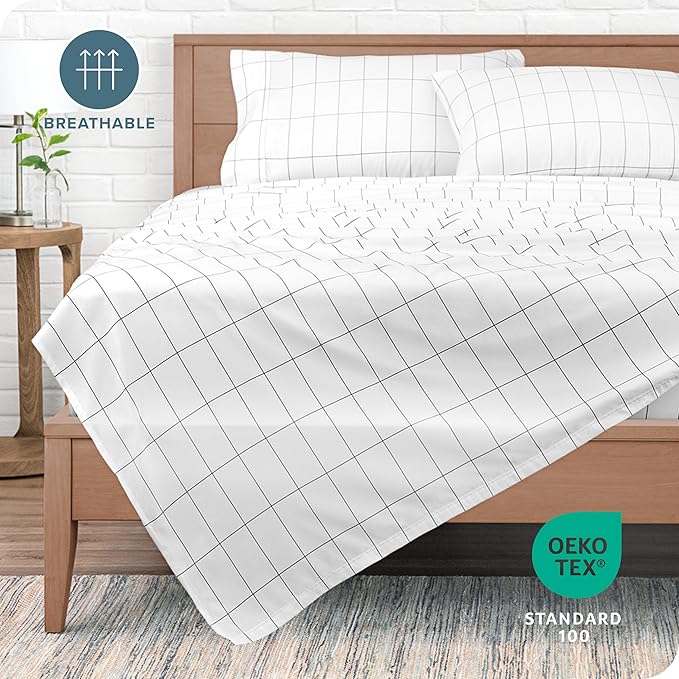 Bare Home California King Sheet Set - Luxury 1800 Ultra- Soft Double Brushed Microfiber - Deep Pockets - Easy Fit - 4 Piece Bedding Sheet Set (California King, Grid - White/Grey)