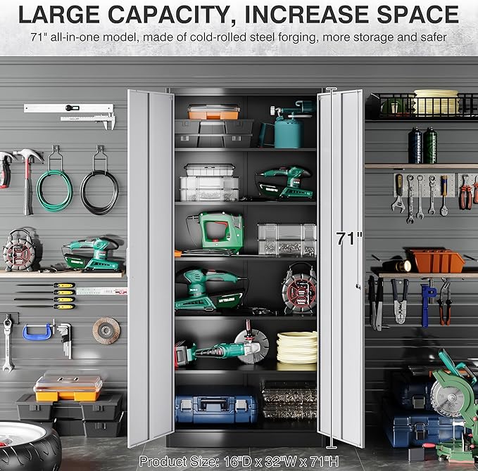 SISESOL Storage Cabinet with Doors and Shelves,71" Metal Storage Cabinet with Lock,5 Adjustable Shelf, Steel Lockers for Home Office,School,Shop,Garage Tool Utility Cabinets
