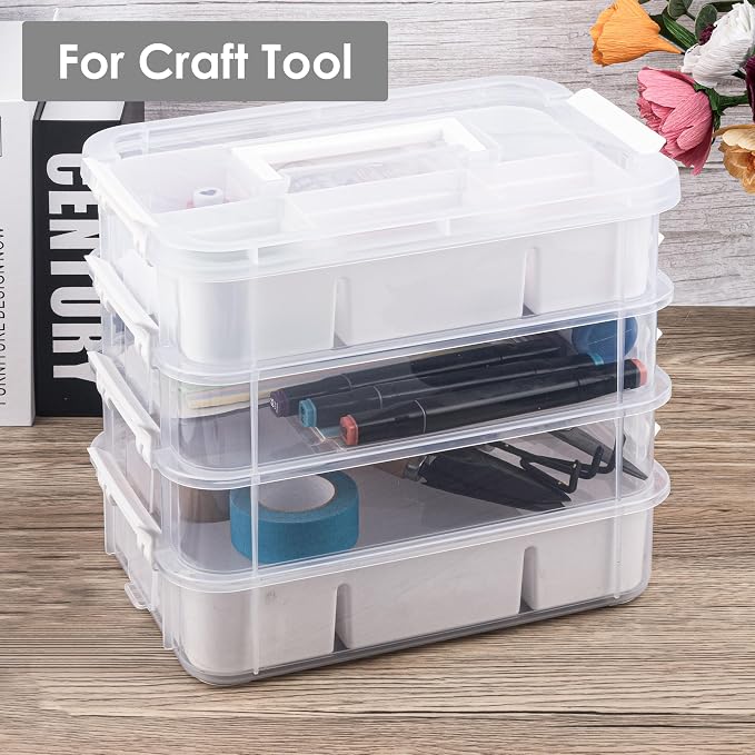 CraftGenes Sewing Storage Organizer, 4-Tier 10 Qt Box with 2 Trays, White | Clear Compartments; Dual Removable Inserts; Carry Handle; Side Latches; Thread, Bobbins, Needles, Beads, Notions