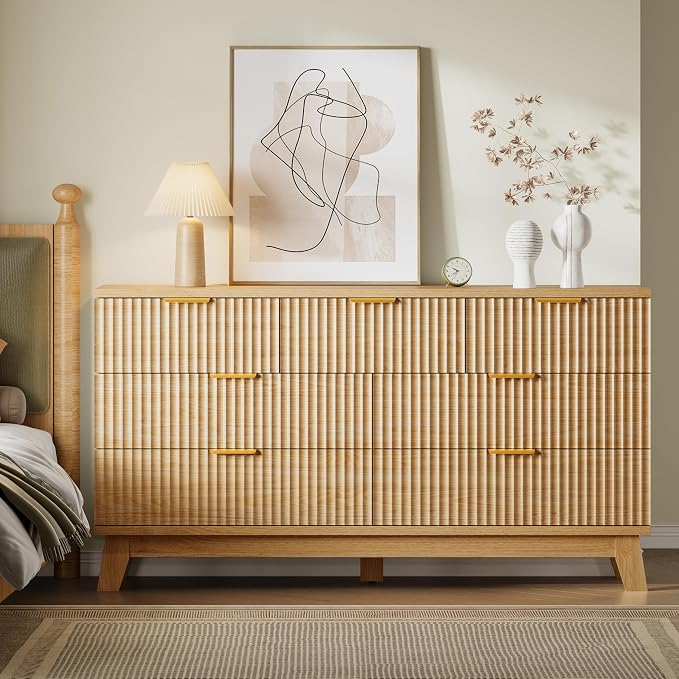 BORNOON Fluted 7 Drawer Dresser, 47.2" Wide Modern Boho Chest of Drawers, Wooden Storage Dresser TV Stand for Bedroom, Living Room, Closet, Hallway, Curved Profile Design