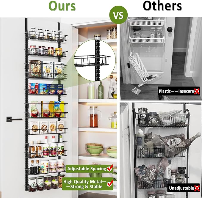 Churboro Over the Door Pantry Organizer Rack with 9 Adjustable Baskets, 9 Tiers Dual-use Hanging or Wall Mount Spice Rack Organizer, Black