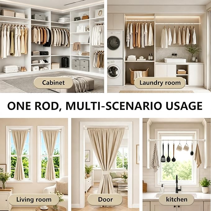 Tension Curtain Rod by EZFurni, 28 to 42 Inch, Adjustable Curtain Rods No Drilling, Heavy Duty Tension Rod, Anti-Slip Spring Loaded Curtain Rods for Window, Closet, Door, White