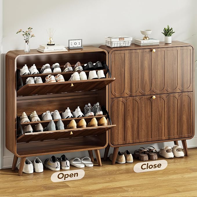 Decofy Shoe Cabinet with 2 Flip Drawers, Expanded Panel for Long Footwear, Freestanding Shoe Storage Cabinet with 3-Gear Adjustable Shelves, Narrow Shoe Cabinets for Entryway, Solid Wood Legs, Walnut