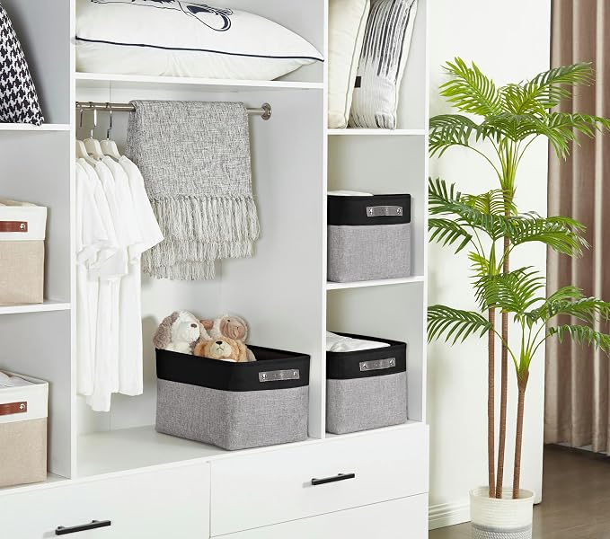 DECOMOMO Storage Bins, Extra Large Fabric Storage Baskets for Shelves, Decorative Linen Closet Organizer, 15.8 x 12.5 x 10 inches (Grey & Black, 3 Pack)