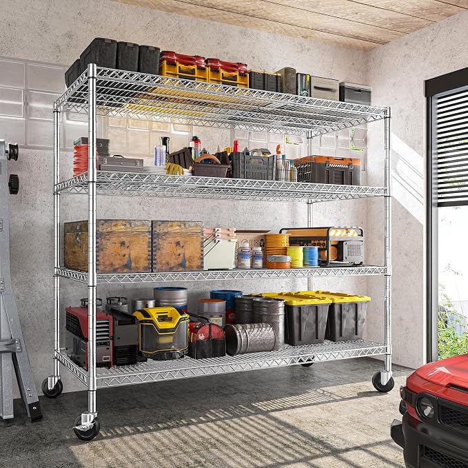 REIBII 55.5''W Storage Shelves 2500LBS Wire Shelving Unit with Wheels Heavy Duty Metal Shelves for Storage Adjustable Garage Storage Rack Pantry Shelf Kitchen Shelving, 75.6" H X 55.5''W X 24" D, 4PCS