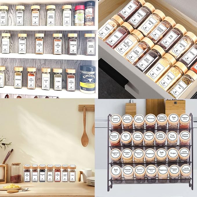 SWOMMOLY 48 Pcs Glass Spice Jars with Bamboo Lids, 4 oz Empty Spice Bottles | Square Spice Containers with 806 White Spice Labels, Airtight Cap, Pour/sift Shaker Lid, Chalk Marker and Funnel.