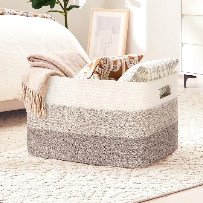 86L Large Woven Laundry Basket Hamper with Handles, Gradient Brown | 24"x16"x14", collapsible wicker hamper, storage for dirty clothes, toys, blankets, gifts, living room, bedroom, bathroom