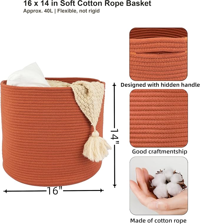 XUANGUO Cotton Rope Woven Basket, 16x14 in Kids Laundry Basket, rustic | Round blanket basket and small laundry basket; baby hamper or nursery storage bin for girls, boys, toys, clothes and shoes