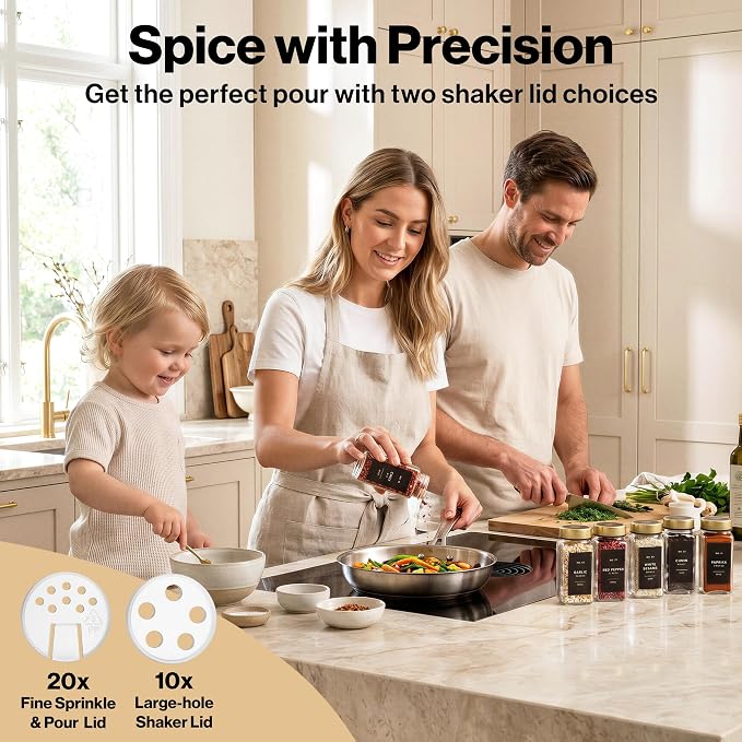 EDELHAUS Glass Spice Jars with Label, 24x Gold Stainless Steel Lids | Airtight Lids keep spices fresh, Kitchen Spice Drawer Organizer, 4oz Seasoning Containers incl. Funnel, Brush & 240 Labels