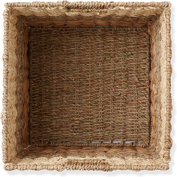 Casafield 12" x 12" Mixed Weave Storage Baskets, Natural - Set of 4 Woven Hyacinth Seagrass Wicker Storage Cube Bins for Bathroom, Bedroom, Laundry, Pantry, Shelves