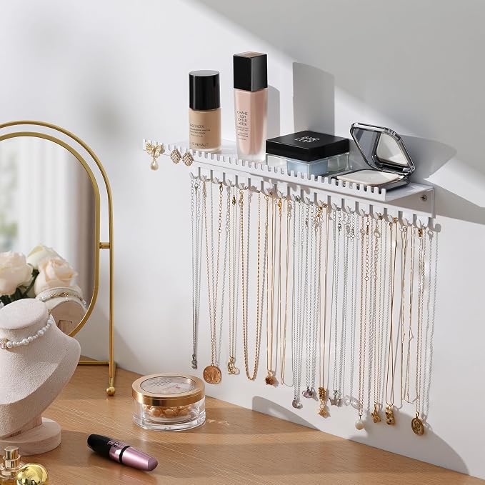 Necklace Holder Wall Hanging Organizer: Wall Mounted Jewelry Shelf with 56 Hooks and Tray, Display Hanger for Kids, Girls and Women, White & Metal