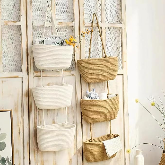 AARAINBOW Wall Hanging Cotton Baskets, Large 3 Tier Decorative Basket for Wall, Nursery, Bathroom, Boho Organizing (B-White)