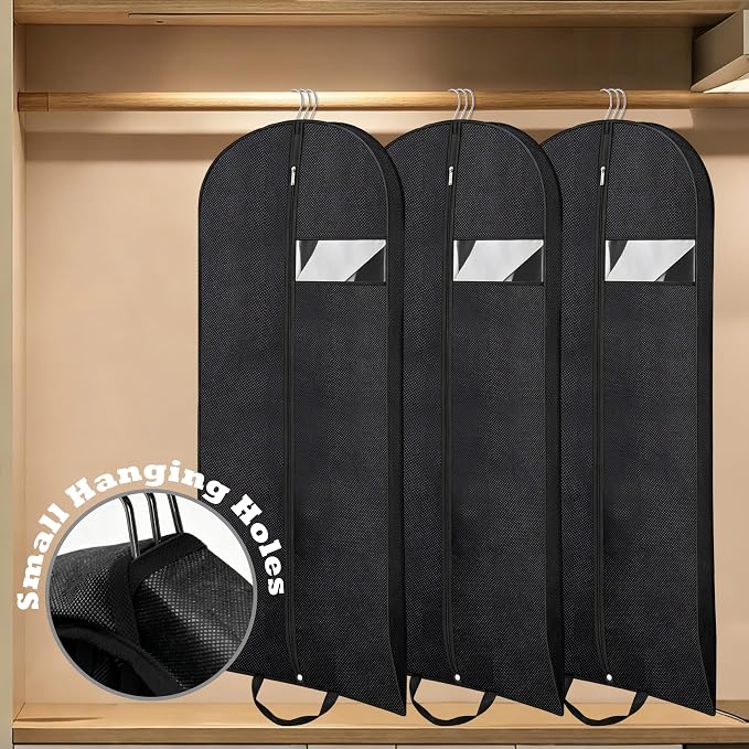 Gusseted Dress Bags for Gowns Long, 65'' Garment Bags for Hanging Clothes, Suit Bag Cover for Storage and Travel (Black)