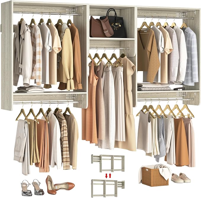 Unikito 36” - 96” Closet Systems, 8FT Walk in Closet Organizer Starter Kit with 5 Hanging Rod and 3 Shelves, Heavy Duty Reversible Wood Clothing Rack, Cut Be Cut to Fit, Max Load 1200 LBS, White Oak