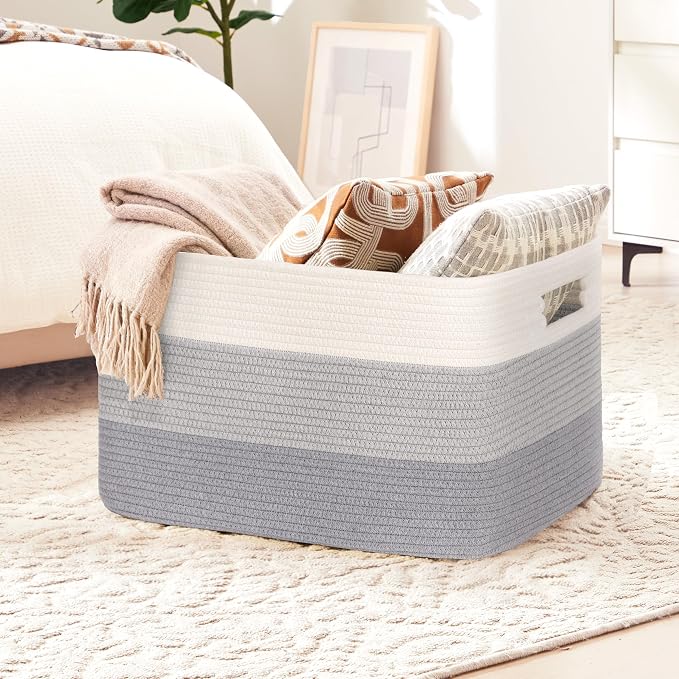 72L Large Woven Laundry Basket Hamper with Handles, Gradient Grey | 22"x17"x12", collapsible wicker hamper, storage for dirty clothes, toys, blankets, gifts, living room, bedroom, bathroom
