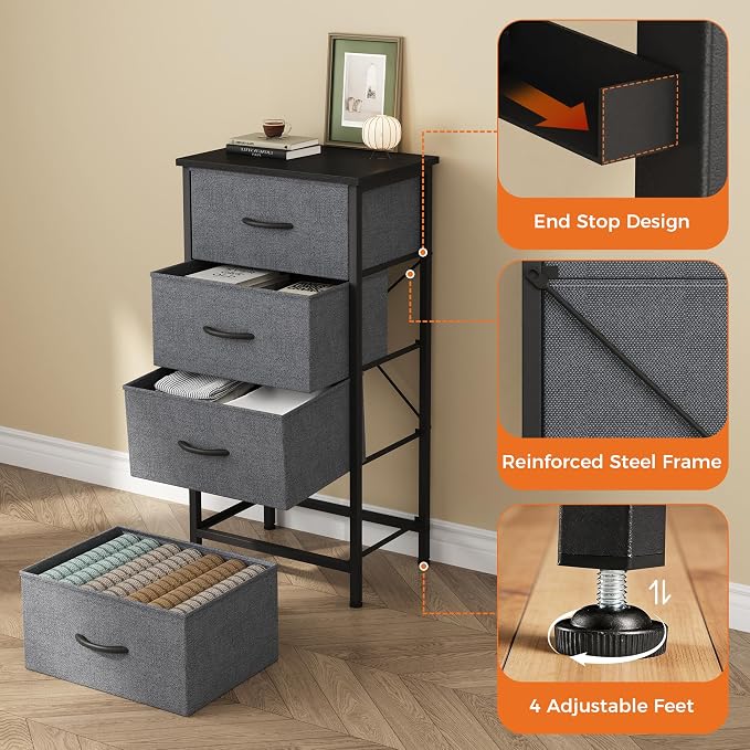 Sweetcrispy 4 Fabric Drawer Small Dresser, Bedside Nightstand with Wooden Top Sturdy Frame, Entryway Closet Bedroom Storage Cabinet Furniture for Dorm,Grey