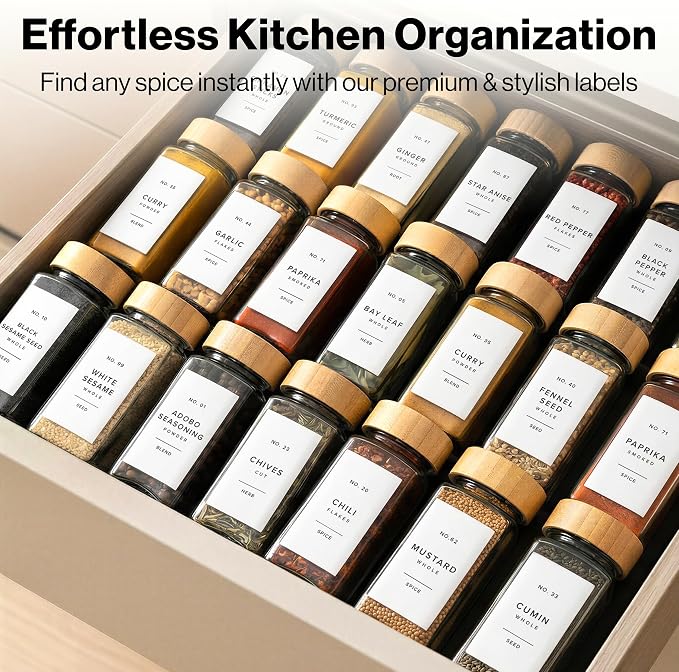 Minimalist Spice Jar Labels Self-Adhesive - 240 Stickers for Spice Jars, Spice Jars & Drawers, Round & Rectangular, Waterproof Spice Organiser Labels for Kitchen Organisation (White)