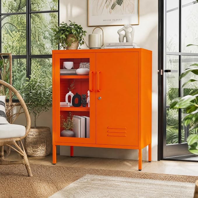 Lockable Metal Storage Cabinet Locker Adjustable Shelves, Modern Cabinets Versatile Storage Lockers Easy Assembly Durable Metal Sideboard Furniture for Living Room Home Office Orange